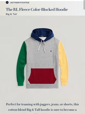 Ralph Lauren Colorblocked Fleece Hoodie - Gray, Navy, Green, Yellow,  4XLT